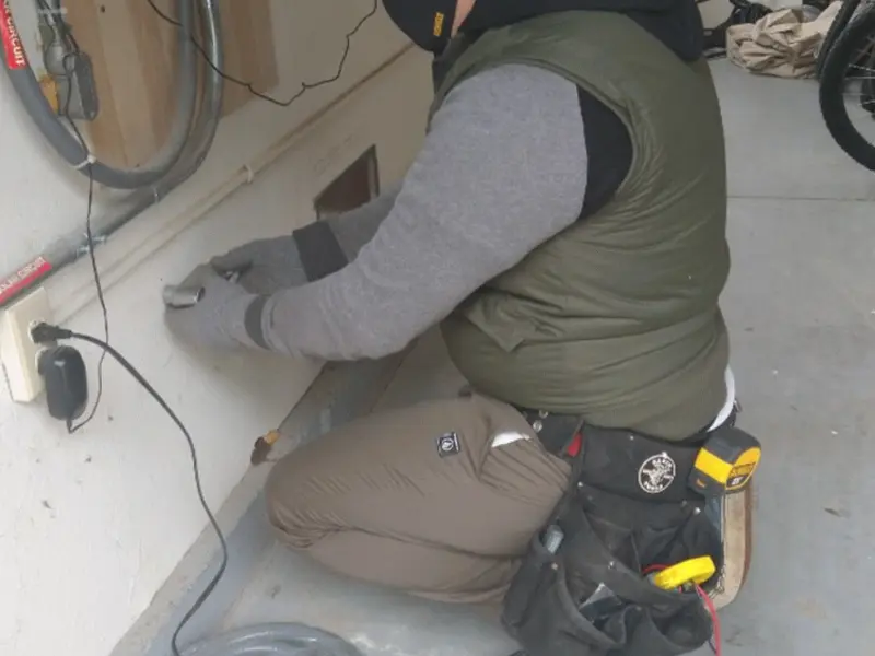 Electrician performing outlet wiring in a Pleasant Prairie garage